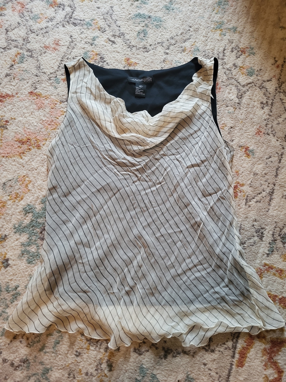Vintage Jonathan Martin 100% Silk Cream and Black Striped Cowl Neck Tank Top